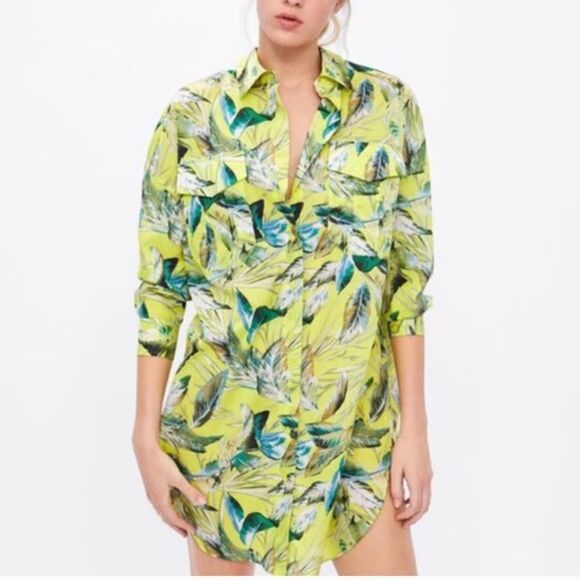 (SOLD) ZARA Tropical Print Button Front Mini Coverup Shirtdress Yellow Green M/L - Picture 9 of 12